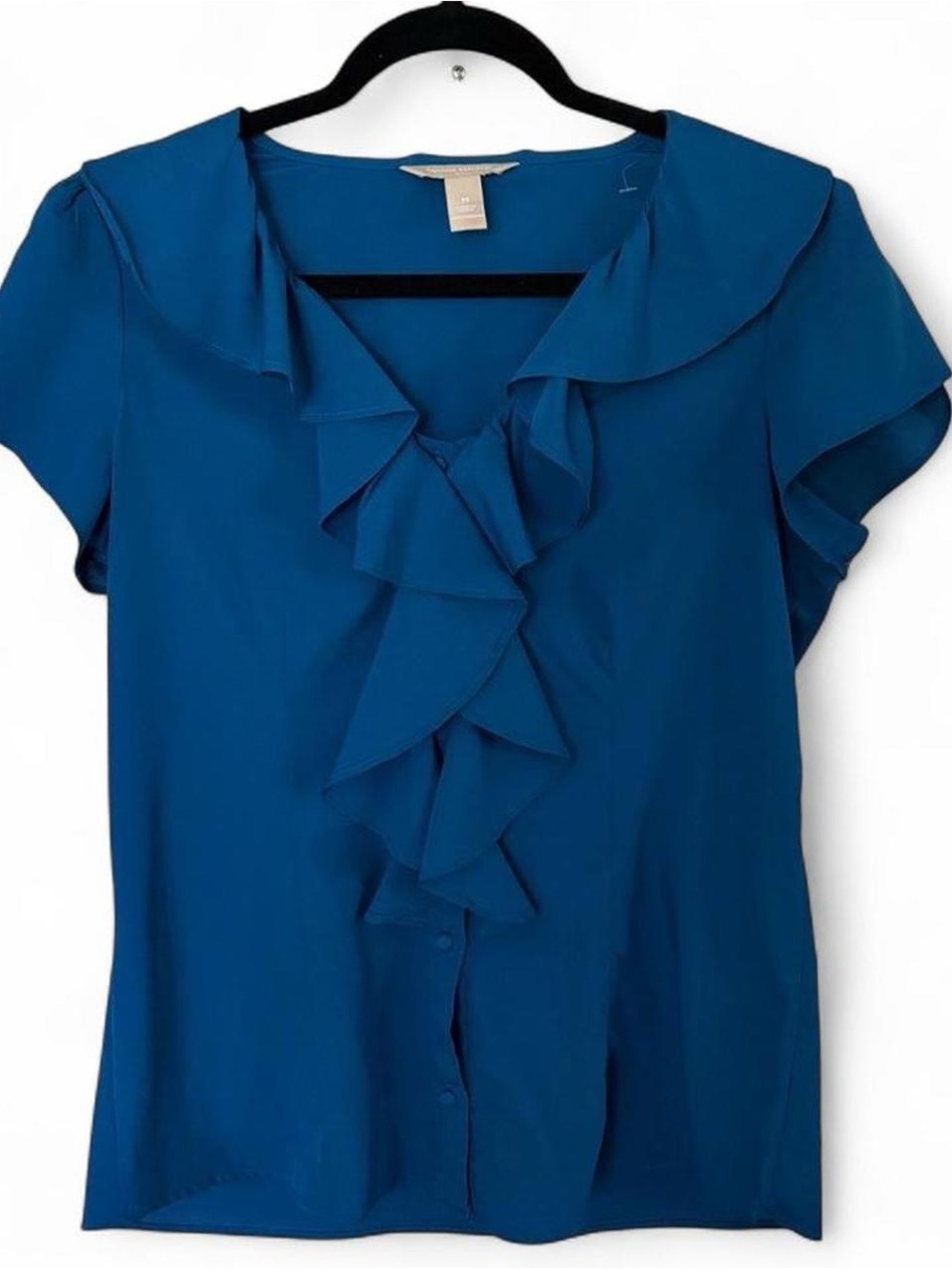 Banana Republic Women’s Blue Ruffle Button Front Blouse M Peacock Blue Exc Cond